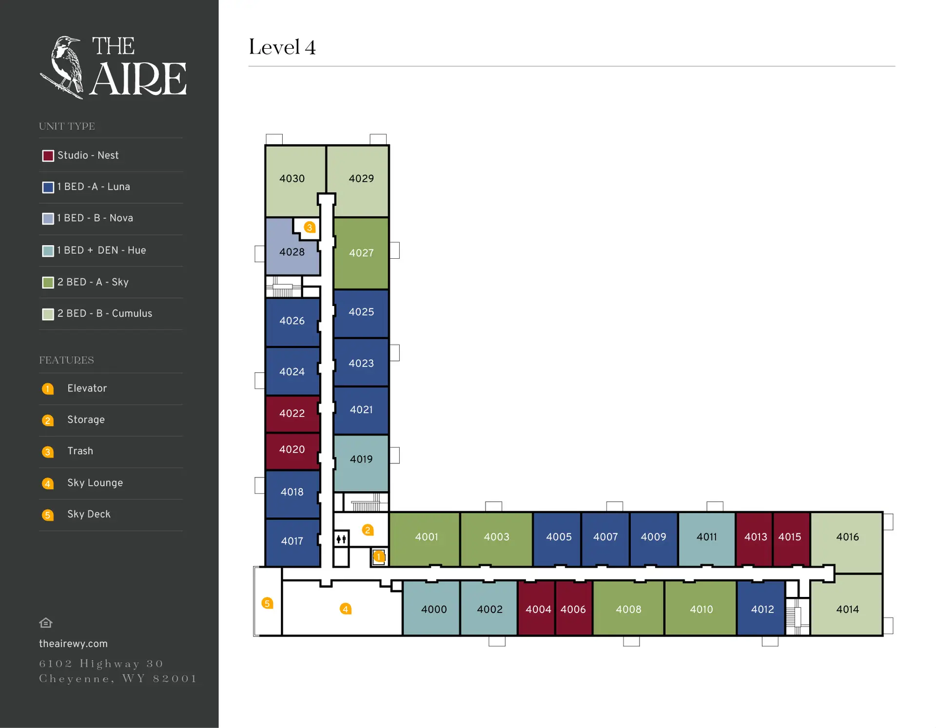 The Aire Level 4 apartment map in Cheyenne, Wyoming, showing apartment homes 4000–4030, color-coded by studio, one-bedroom, one-bedroom with den, and two-bedroom floor-plan types, with elevator, storage, trash, Sky Lounge, and Sky Deck locations.